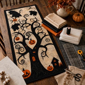 May include: A rectangular quilted table runner featuring a black tree silhouette on a cream background, decorated with orange jack-o'-lanterns, black leaves, and a small black house. The runner has a black border and intricate stitching throughout.