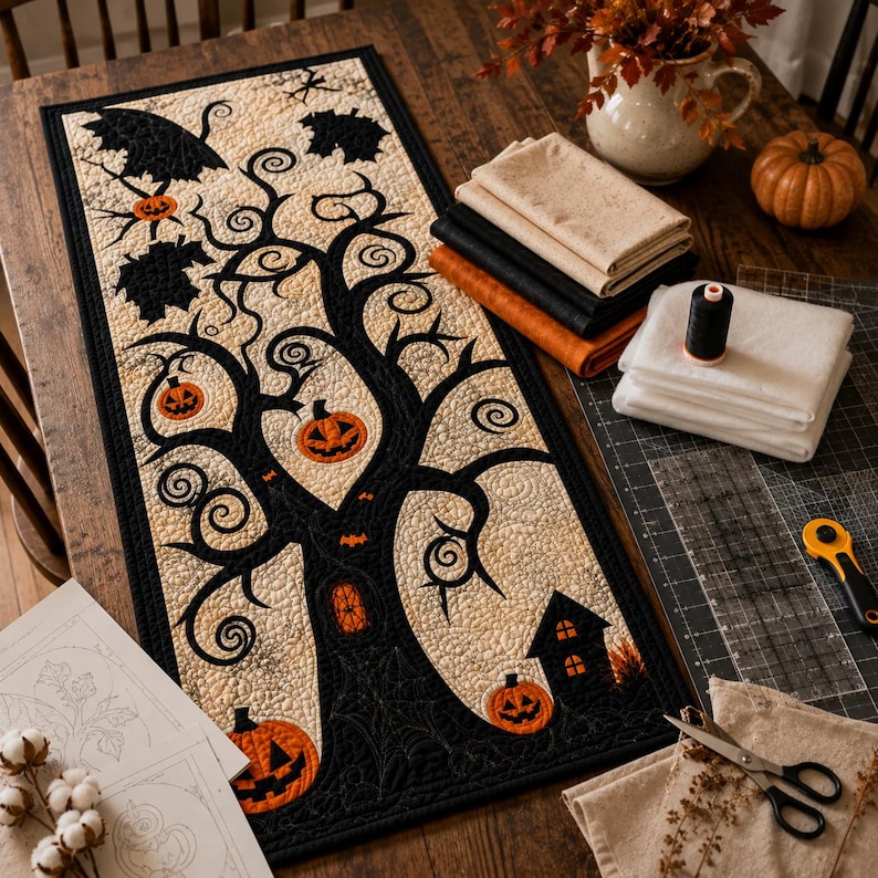 May include: A rectangular quilted table runner featuring a black tree silhouette on a cream background, decorated with orange jack-o'-lanterns, black leaves, and a small black house. The runner has a black border and intricate stitching throughout.