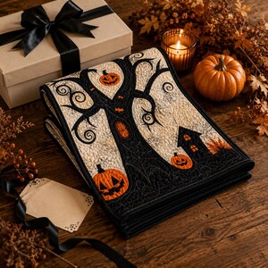 May include: A folded quilted fabric runner featuring a black and cream design of a stylized tree with orange jack-o'-lanterns, a small black house, and spiderweb patterns. The fabric has detailed stitching throughout the surface.
