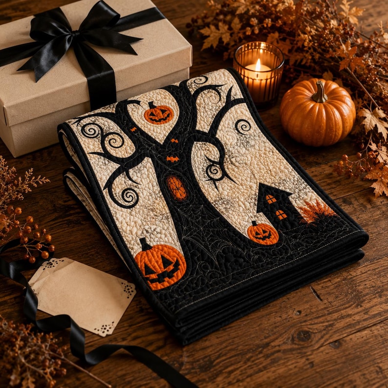 May include: A folded quilted fabric runner featuring a black and cream design of a stylized tree with orange jack-o'-lanterns, a small black house, and spiderweb patterns. The fabric has detailed stitching throughout the surface.