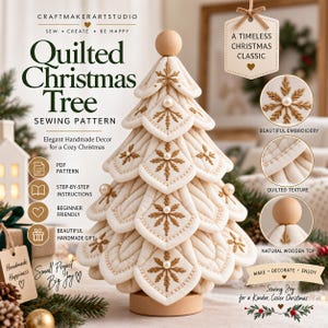 Peut inclure: Un patron de couture pour sapin de Noël matelassé représentant un arbre en tissu crème avec des flocons de neige dorés brodés, des perles et un sommet en bois naturel. Le texte indique Quilted Christmas Tree Sewing Pattern et A Timeless Christmas Classic.
