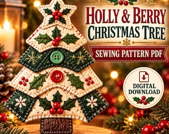 Puede incluir: Un adorno de árbol de Navidad de tela acolchada con capas alternas en crema y verde oscuro, decorado con acebo, bayas rojas, copos de nieve y botones. El texto dice HOLLY & BERRY CHRISTMAS TREE SEWING PATTERN PDF y DIGITAL DOWNLOAD.