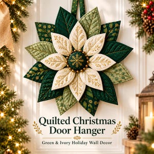 Gequilte kerstdecoratie met poinsettia's - naaipatroon (PDF), quiltpatroon, kerstdeurdecoratie, doe-het-zelf kerstbloemendecoratie