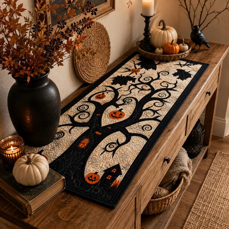 May include: A rectangular table runner featuring a quilted design with a black tree silhouette, orange jack-o'-lanterns, and a small house on a cream-colored background. The runner has a black border and intricate stitching throughout the fabric.