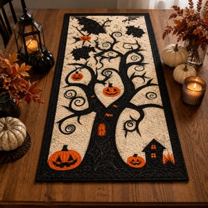 May include: A rectangular quilted table runner featuring a cream-colored background with a central black tree silhouette. The design includes orange jack-o'-lanterns hanging from branches, a small house, spiderwebs, and black leaves with a border.