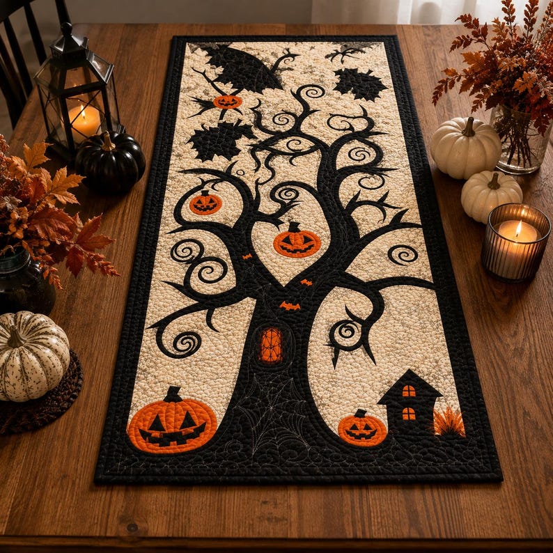 May include: A rectangular quilted table runner featuring a cream-colored background with a central black tree silhouette. The design includes orange jack-o'-lanterns hanging from branches, a small house, spiderwebs, and black leaves with a border.