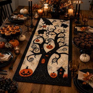 May include: A rectangular quilted table runner featuring a central black tree silhouette against a cream background. The design includes orange jack-o'-lanterns, a small black house, and scattered autumn leaves, all bordered by a black stitched frame.