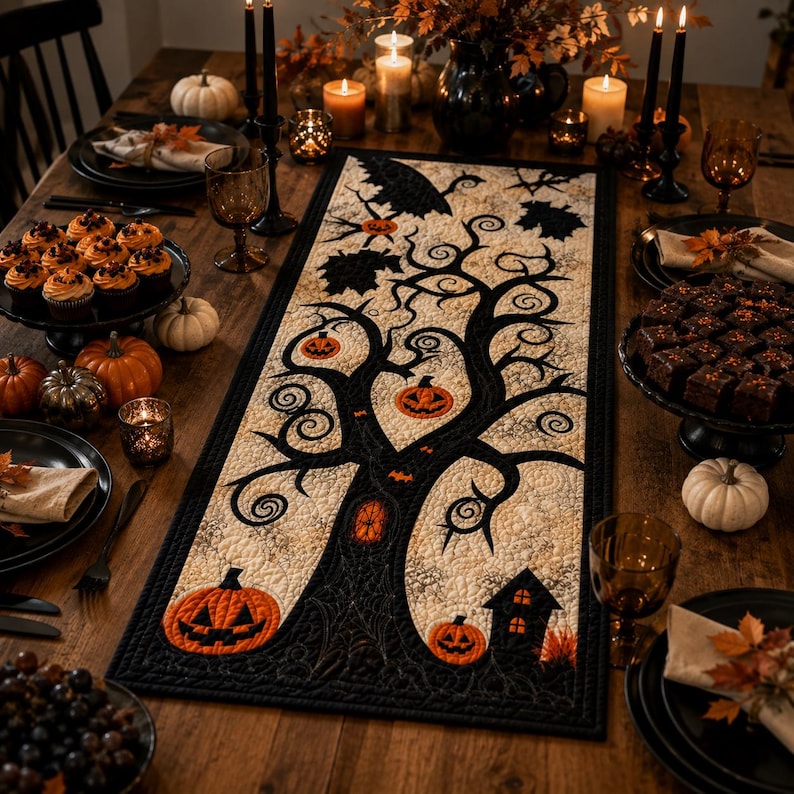 May include: A rectangular quilted table runner featuring a central black tree silhouette against a cream background. The design includes orange jack-o'-lanterns, a small black house, and scattered autumn leaves, all bordered by a black stitched frame.