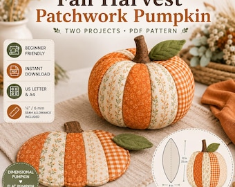 May include: A sewing pattern for a Fall Harvest Patchwork Pumpkin featuring two projects: a dimensional pumpkin and a flat pumpkin decor mat. The pattern includes a PDF, US Letter and A4 formats, and a 1/4 inch seam allowance. Includes diagrams.