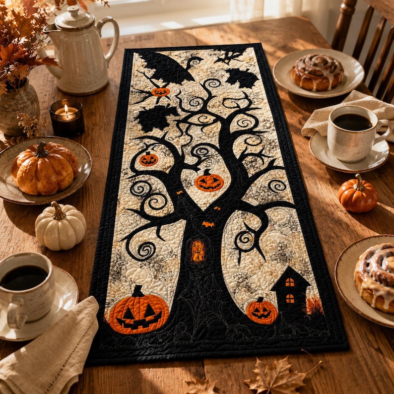 May include: A rectangular quilted table runner featuring a black tree silhouette against a cream background. The design includes orange jack-o'-lanterns, small bats, and a black house silhouette. The runner has a black border and intricate stitching.