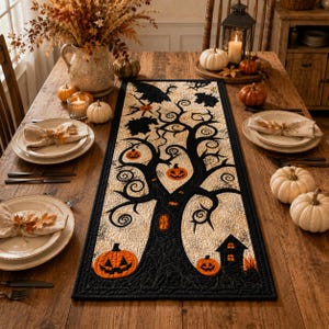 May include: A rectangular fabric table runner featuring a black tree silhouette with orange jack-o'-lanterns, a small house, and swirling branches on a cream-colored background with a black border, displayed on a wooden dining table.