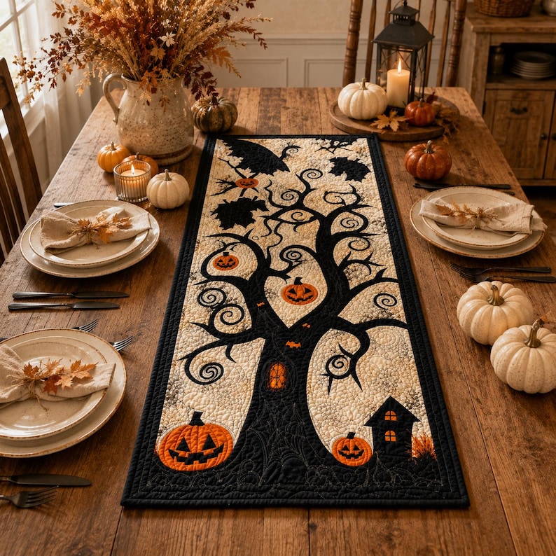 May include: A rectangular fabric table runner featuring a black tree silhouette with orange jack-o'-lanterns, a small house, and swirling branches on a cream-colored background with a black border, displayed on a wooden dining table.