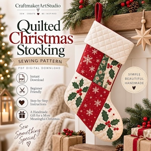 May include: A quilted Christmas stocking sewing pattern PDF digital download featuring a red and cream patchwork design with holly leaves, berries, and snowflake motifs, including a cream cuff and a red hanging loop for holiday decor.