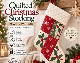 Puede incluir: Un patrón de costura para calcetín navideño acolchado en descarga digital PDF, con un diseño de patchwork en rojo y crema con hojas de acebo, bayas y copos de nieve, que incluye un puño color crema y un lazo rojo para colgar.