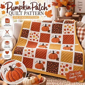 May include: A quilt featuring a patchwork design with alternating squares of orange pumpkins on white backgrounds and brown autumn leaves on dark backgrounds. The quilt has a quilted texture and is displayed as a PDF sewing pattern product.
