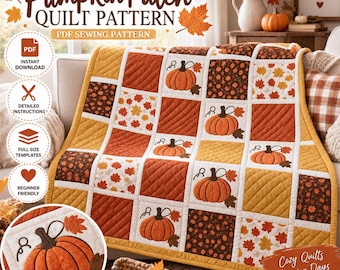 May include: A quilt featuring a patchwork design of orange pumpkins and autumn leaves in shades of brown, gold, and cream. The quilt has a grid pattern with quilted textures and a border. Text on the image reads Pumpkin Patch Quilt Pattern.