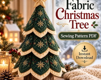 Puede incluir: Un árbol de Navidad de tela acolchada con tres niveles de capas festoneadas de color verde oscuro con copos de nieve dorados bordados y bayas rojas, rematado con una estrella dorada sobre una base de madera. Texto: Fabric Christmas Tree Sewing Pattern PDF.