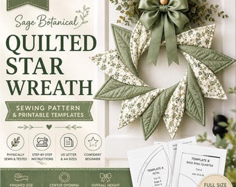 Puede incluir: Un patrón de costura en PDF para una corona de estrella acolchada Sage Botanical. La imagen muestra una corona terminada con pétalos de tela verde salvia y estampado floral, un lazo de satén y plantillas de papel con medidas de 46 cm.