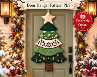 Patrón PDF para colgar en la pared con forma de árbol de Navidad acolchado, decoración de árbol con tela en capas, aplique de acebo y bayas, patrón de costura para adorno de estrella, árbol de patchwork