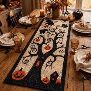 May include: A rectangular quilted table runner featuring a black tree silhouette on a cream background. The design includes orange jack-o'-lanterns, a small black house, and spiderweb stitching. The border is black with a decorative quilted pattern.