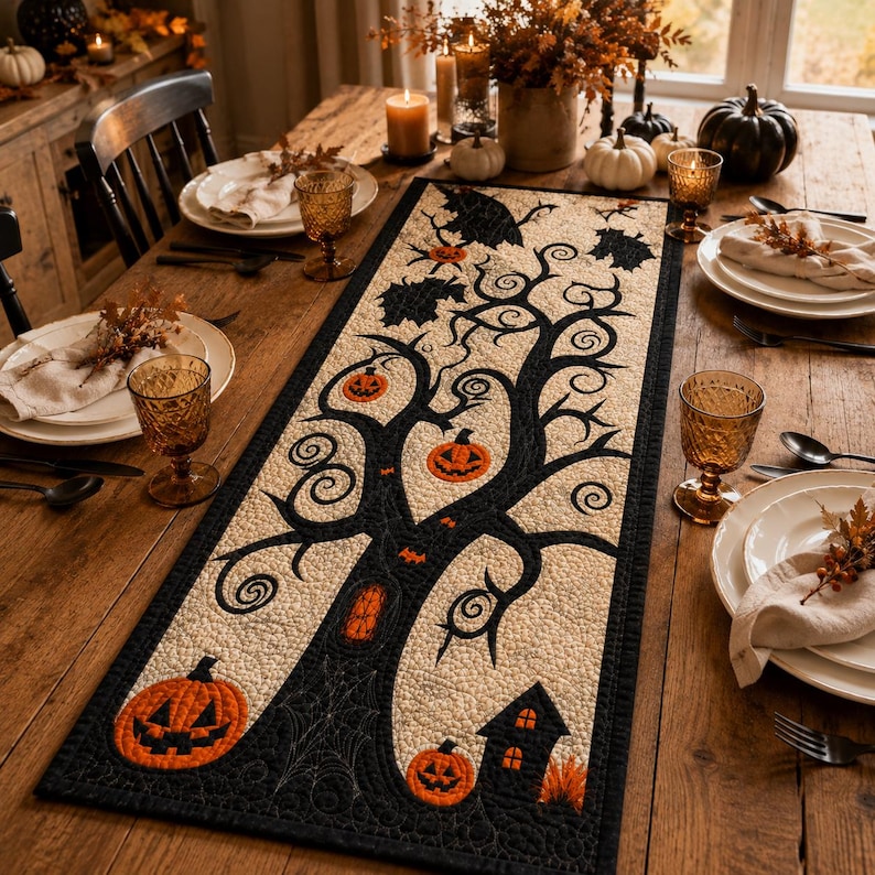May include: A rectangular quilted table runner featuring a black tree silhouette on a cream background. The design includes orange jack-o'-lanterns, a small black house, and spiderweb stitching. The border is black with a decorative quilted pattern.
