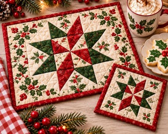 Puede incluir: Un tapete acolchado cuadrado y un posavasos a juego más pequeño con un patrón de estrella central en tela roja y verde sobre un fondo crema. Ambos artículos están decorados con un estampado de hojas de acebo y bayas con borde rojo.