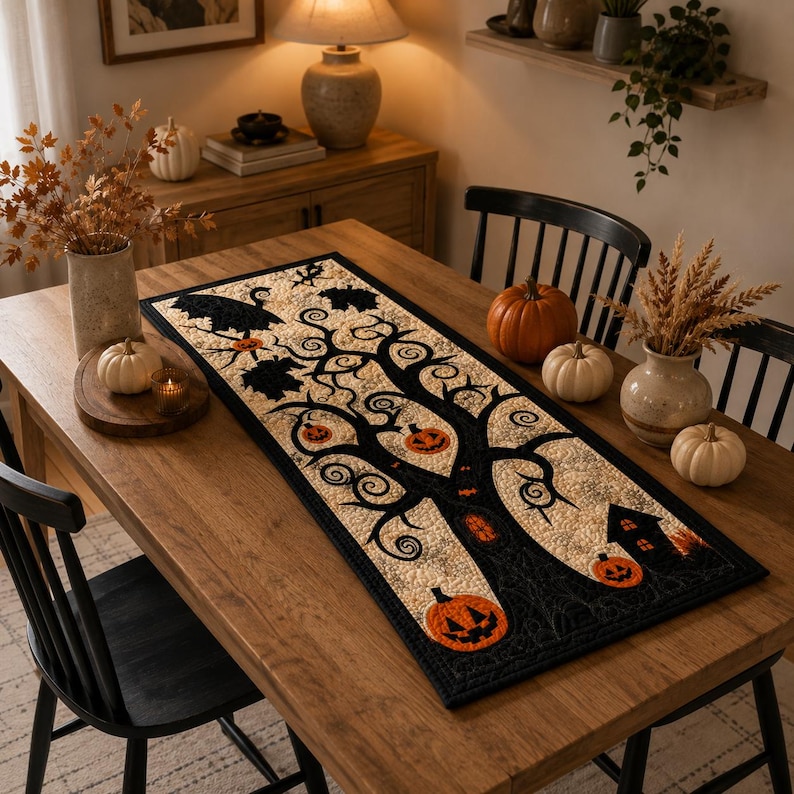 May include: A rectangular quilted table runner featuring a black tree silhouette on a cream background, decorated with orange jack-o'-lanterns, black leaves, and a small house. The runner has a black border and intricate stitching throughout the fabric.