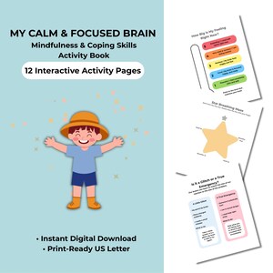 Puede incluir: Libro de actividades My Calm & Focused Brain sobre mindfulness y habilidades de afrontamiento con 12 páginas interactivas. Incluye un niño de dibujos animados con sombrero, una escala de sentimientos, un laberinto de respiración y guía.