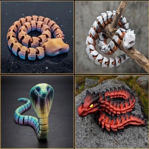 May include: A collection of four articulated snake figurines. One is a coiled copper-toned snake, another is a white and copper snake wrapped around a branch, a third is a multi-colored cobra, and the fourth is a red and black dragon-like snake.