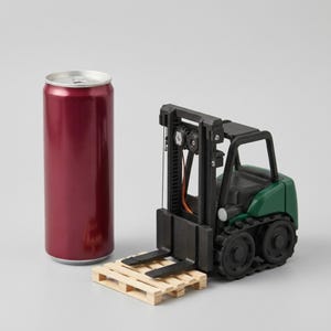 May include: A miniature dark green and black forklift toy with a black mast and wheels, positioned next to a tall, cylindrical maroon aluminum beverage can and a small, light-colored wooden pallet resting on the ground in front of the forklift.