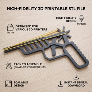 May include: A dark gray 3D printed rubber band launcher with a yellow rubber band. Text includes HIGH-FIDELITY 3D PRINTABLE STL FILE, OPTIMIZED FOR VARIOUS 3D PRINTERS, HIGH-FIDELITY DESIGN, EASY TO ASSEMBLE (SNAP-FIT COMPONENTS), SCALABLE DESIGN, INSTANT DIGITAL DOWNLOAD.