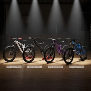 May include: Four mountain bikes arranged in a row, featuring a white suspension model, a black electric model, a purple specialised model, and a blue cross country model. Each bike is positioned on a stand under individual spotlights.