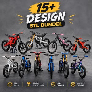 Könnte beinhalten: Eine Sammlung von über 15 Miniatur-Dirtbikes und Fahrradmodellen in verschiedenen Farben wie Rot, Weiß, Pink, Blau und Orange. Das Bild enthält den Text 15+ DESIGN STL BUNDEL sowie Symbole für STL-Dateien, 3D-Druck-Bereitschaft und hohe Details.