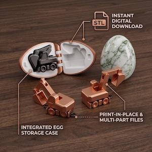 May include: A digital download file for a 3D printed egg-shaped storage case containing a miniature excavator toy. The set includes a marble-patterned egg, a copper-colored excavator, and an open case with text: INSTANT DIGITAL DOWNLOAD and PRINT-IN-PLACE & MULTI-PART FILES.