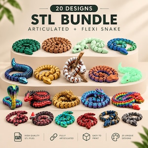 Könnte beinhalten: Eine digitale Sammlung von 20 STL-Bundle-Designs für bewegliche und flexible Schlangen. Das Bild zeigt verschiedene 3D-gedruckte Schlangenfiguren in diversen Farben, Texturen und Mustern, darunter Regenbogen-, Metallic- und einfarbige Ausführungen, auf gestuften Podesten.