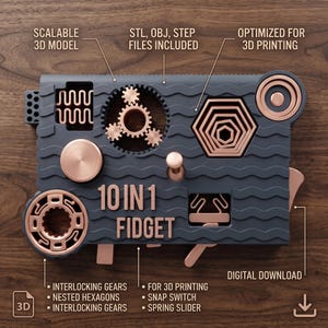 Op de afbeelding: Een donkergrijs 10 IN 1 FIDGET-bord met koperkleurige accenten, voorzien van in elkaar grijpende tandwielen, geneste zeshoeken, een klikschakelaar en een veerschuif. Tekst bevat SCALABLE 3D MODEL, STL, OBJ, STEP FILES INCLUDED, OPTIMIZED FOR 3D PRINTING.