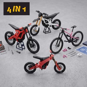 May include: A 4 IN 1 set of miniature toy motorcycles and a mountain bike. The collection includes a red dirt bike on a stand, a white and black dirt bike on a stand, a black and pink mountain bike, and a red dirt bike, accompanied by small tools.