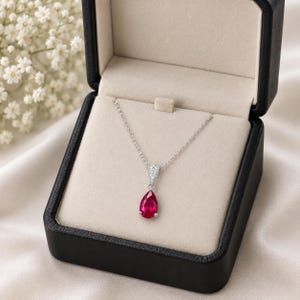 Pear Cut Ruby Necklace, Teardrop Ruby and Moissanite Gemstone 925 Sterling Silver Pendant