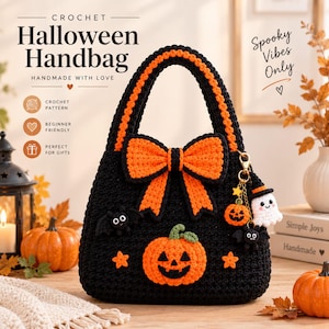 May include: A black crochet handbag featuring a large orange bow, a central jack-o'-lantern motif, and small bat appliqués. A gold-toned keychain hangs from the handle, displaying charms of a star, a pumpkin, a ghost in a hat, and a bat.