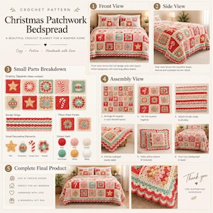 May include: A crochet pattern for a Christmas patchwork bedspread featuring red, pink, cream, mint green, yellow, and white yarn colors. The guide includes instructions for granny squares, border strips, pillow shams, and assembly steps.