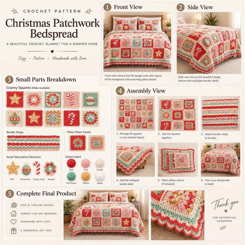 May include: A crochet pattern for a Christmas patchwork bedspread featuring red, pink, cream, mint green, yellow, and white yarn colors. The guide includes instructions for granny squares, border strips, pillow shams, and assembly steps.