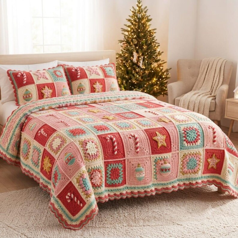 May include: A crochet bedspread and two matching pillow shams featuring a patchwork design of red, pink, cream, and teal squares. The textile is decorated with three-dimensional appliqu&eacute;s of candy canes, stars, and ornaments in festive colors.
