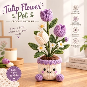 Könnte beinhalten: Eine Häkelanleitung für einen Tulpenblumentopf mit dem Text Tulip Flower Pot, Crochet Pattern, Bring a little bloom into your world, Instant Download, Detailed Instructions, Beginner Friendly, Step-by-Step Photos, Easy & Fun to Make.