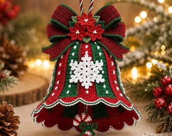 Crochet Christmas Bell Ornament Pattern | Poinsettia Bow, Snowflake Appliqué (PDF Download)