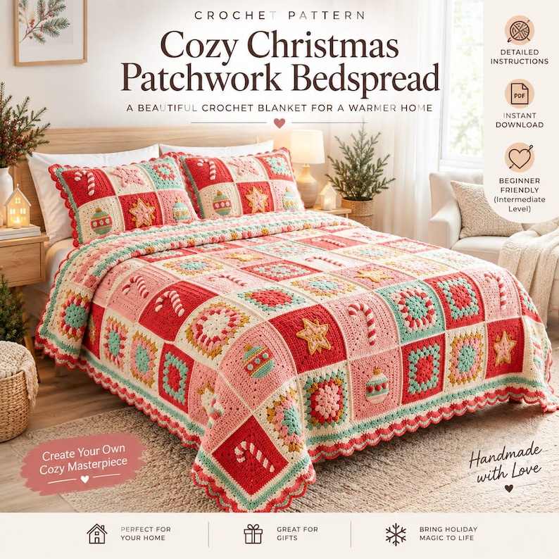 May include: A crochet pattern for a Cozy Christmas Patchwork Bedspread featuring a blanket with red, pink, and teal square motifs depicting candy canes, stars, and ornaments. The text reads Crochet Pattern Cozy Christmas Patchwork Bedspread.