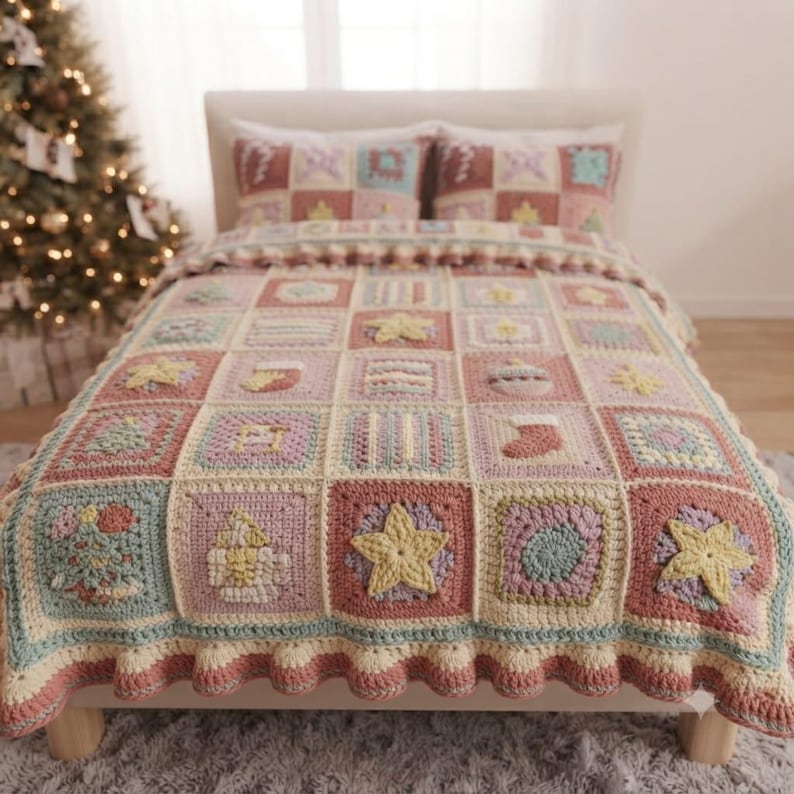 May include: A crochet blanket and two matching pillows featuring a grid of squares in muted tones of pink, blue, and cream. Each square displays textured holiday-themed motifs including stars, stockings, and trees, finished with a ruffled edge.