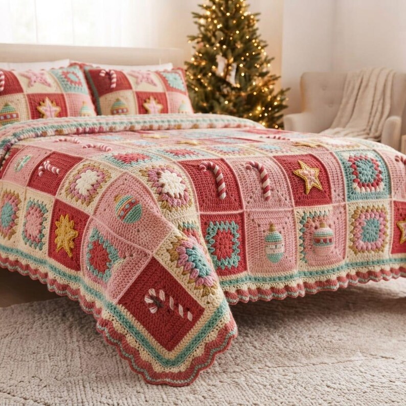 May include: A crochet bedspread and matching pillow shams featuring a patchwork design of squares in shades of red, pink, cream, and teal. The squares are decorated with raised, three-dimensional crochet motifs including candy canes, stars, and ornaments.