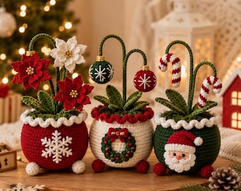Christmas Plant Pot Crochet Pattern PDF, Set of 3 Amigurumi Pots, Poinsettia Wreath Santa Face, Holiday Decor, Intermediate Crochet Tutorial