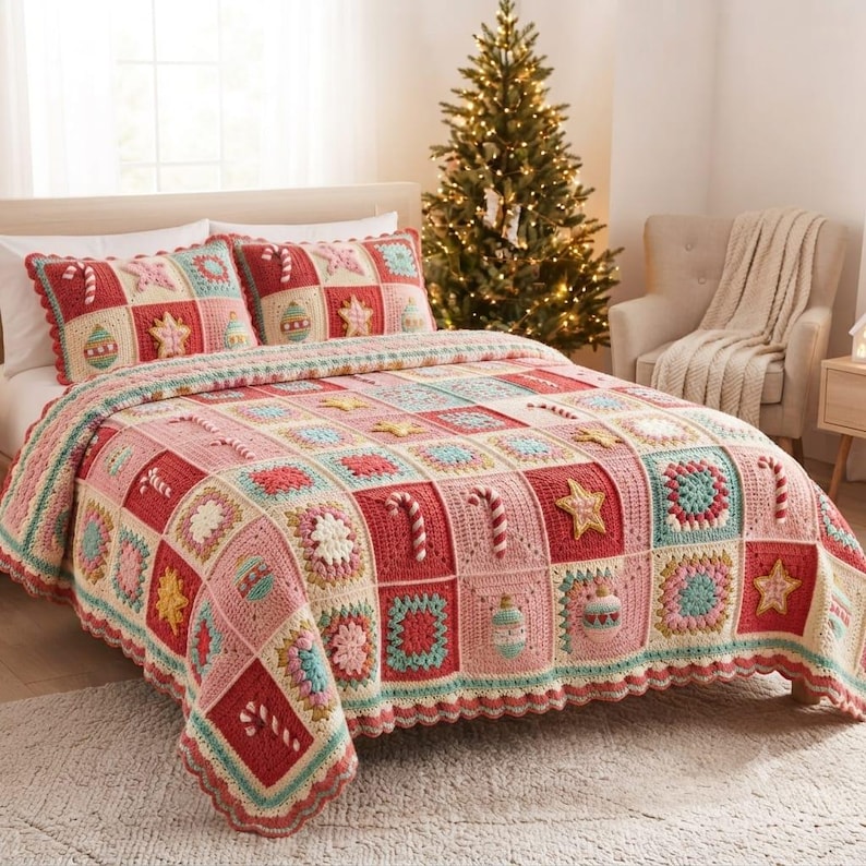 May include: A crochet bedspread and two matching pillow shams featuring a patchwork design of red, pink, and cream squares. The squares are decorated with raised, three-dimensional crochet motifs including candy canes, stars, and ornaments.