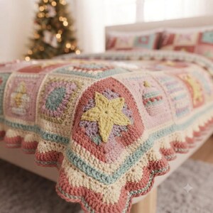 May include: A crochet blanket featuring a patchwork of squares in muted pink, cream, sage green, and lavender. The design includes textured motifs such as a yellow star and a round ornament, finished with a scalloped edge in pink and cream yarn.